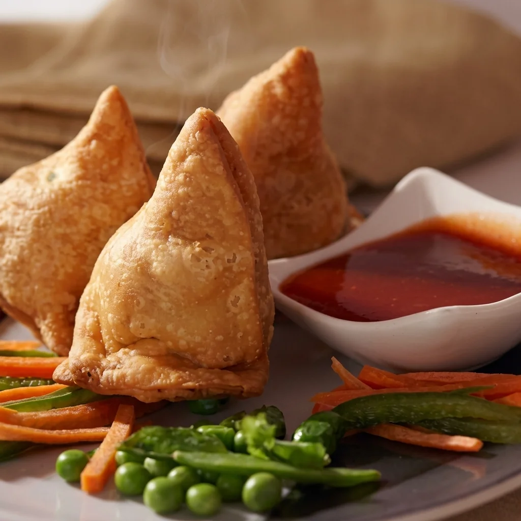 Crispy vegetable samosas with chutney, a shareable snack at Shehnai Restaurant in Hamilton