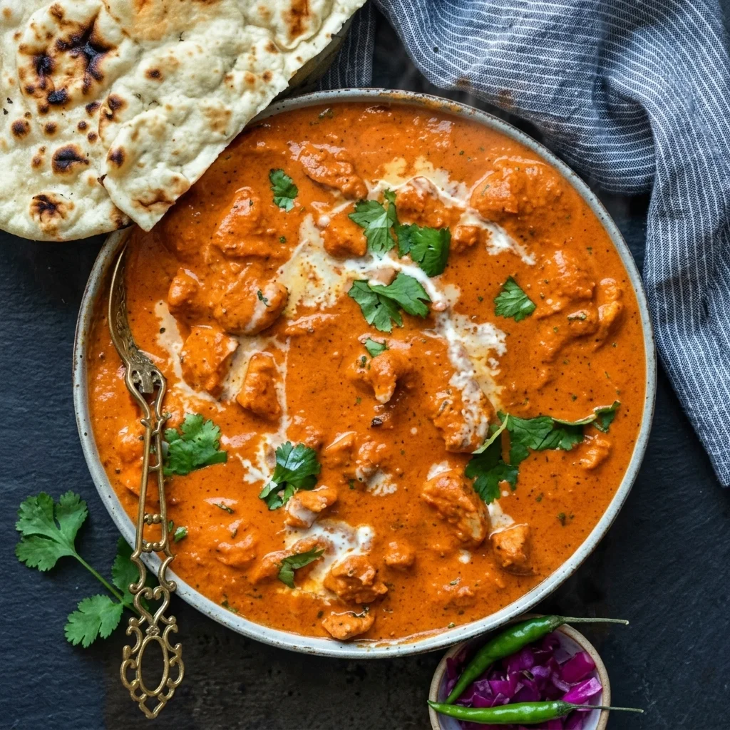 Butter chicken in a creamy tomato sauce with fresh naan at Shehnai Restaurant, Hamilton