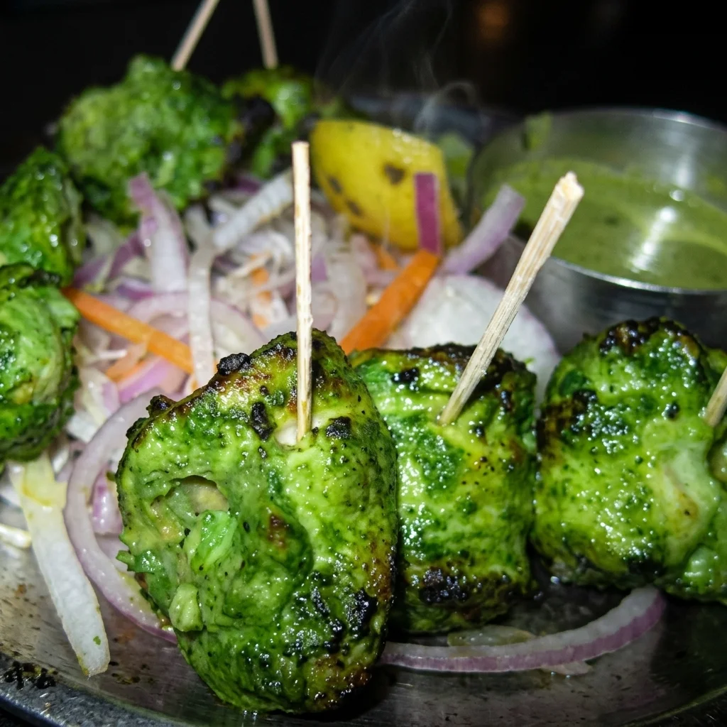 Green chicken tikka with onion salad and mint chutney at Shehnai Restaurant