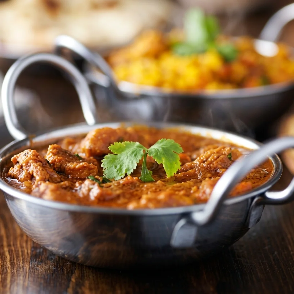 Goat curry in a rich spiced gravy with dried red chilli and a swirl of cream at Shehnai Restaurant in Hamilton, ON